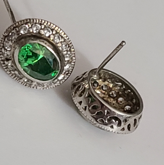 925 sterling green tourmaline diamonds earrings vintage sparkly - Picture 6 of 11